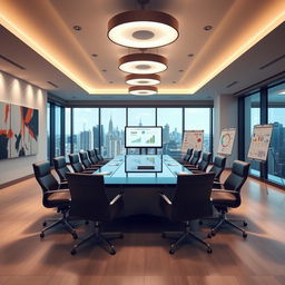 A sleek and contemporary conference room featuring a large rectangular table surrounded by high-backed leather chairs