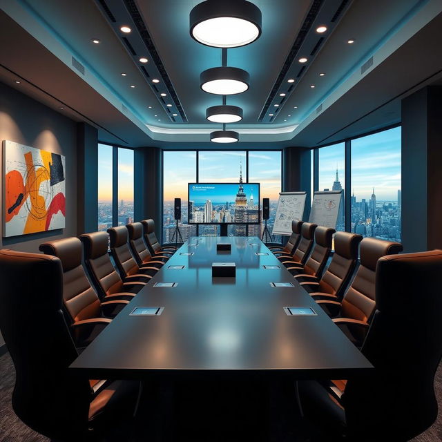 A sleek and contemporary conference room featuring a large rectangular table surrounded by high-backed leather chairs