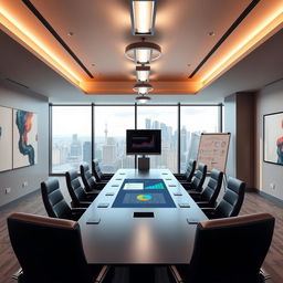 A sleek and contemporary conference room featuring a large rectangular table surrounded by high-backed leather chairs
