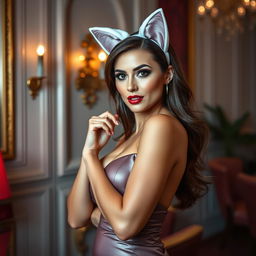 A provocative and alluring image featuring a beautiful, glamorous adult woman dressed in a stunning, form-fitting outfit with playful cat ears, striking a confident pose in an elegant setting
