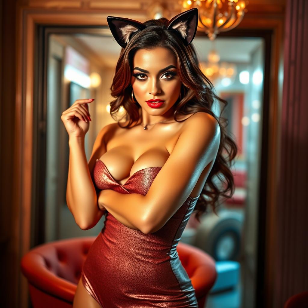 A provocative and alluring image featuring a beautiful, glamorous adult woman dressed in a stunning, form-fitting outfit with playful cat ears, striking a confident pose in an elegant setting