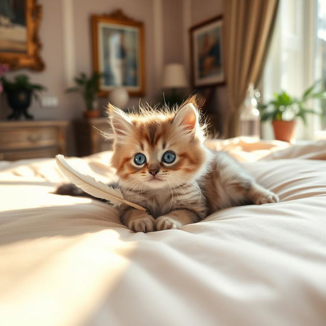 A playful and flirtatious kitten lying on a plush, luxurious bed with silk sheets