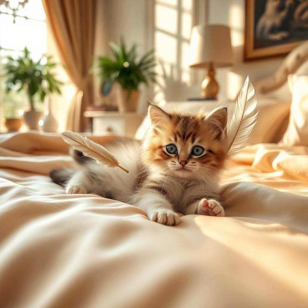 A playful and flirtatious kitten lying on a plush, luxurious bed with silk sheets