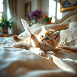 A playful and flirtatious kitten lying on a plush, luxurious bed with silk sheets