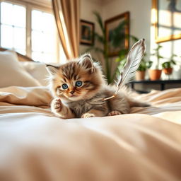 A playful and flirtatious kitten lying on a plush, luxurious bed with silk sheets