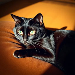 A beautiful and sexy feline with striking emerald green eyes, lounging gracefully on a plush velvet cushion