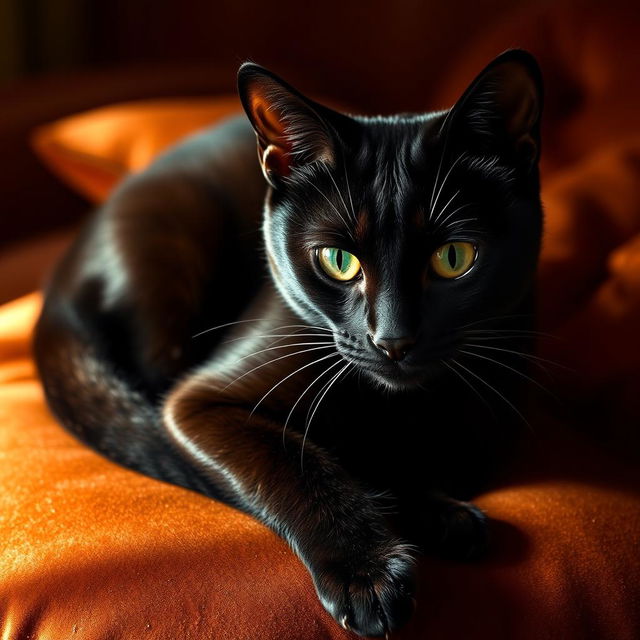 A beautiful and sexy feline with striking emerald green eyes, lounging gracefully on a plush velvet cushion