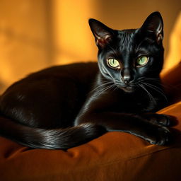 A beautiful and sexy feline with striking emerald green eyes, lounging gracefully on a plush velvet cushion