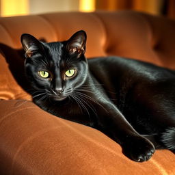 A beautiful and sexy feline with striking emerald green eyes, lounging gracefully on a plush velvet cushion