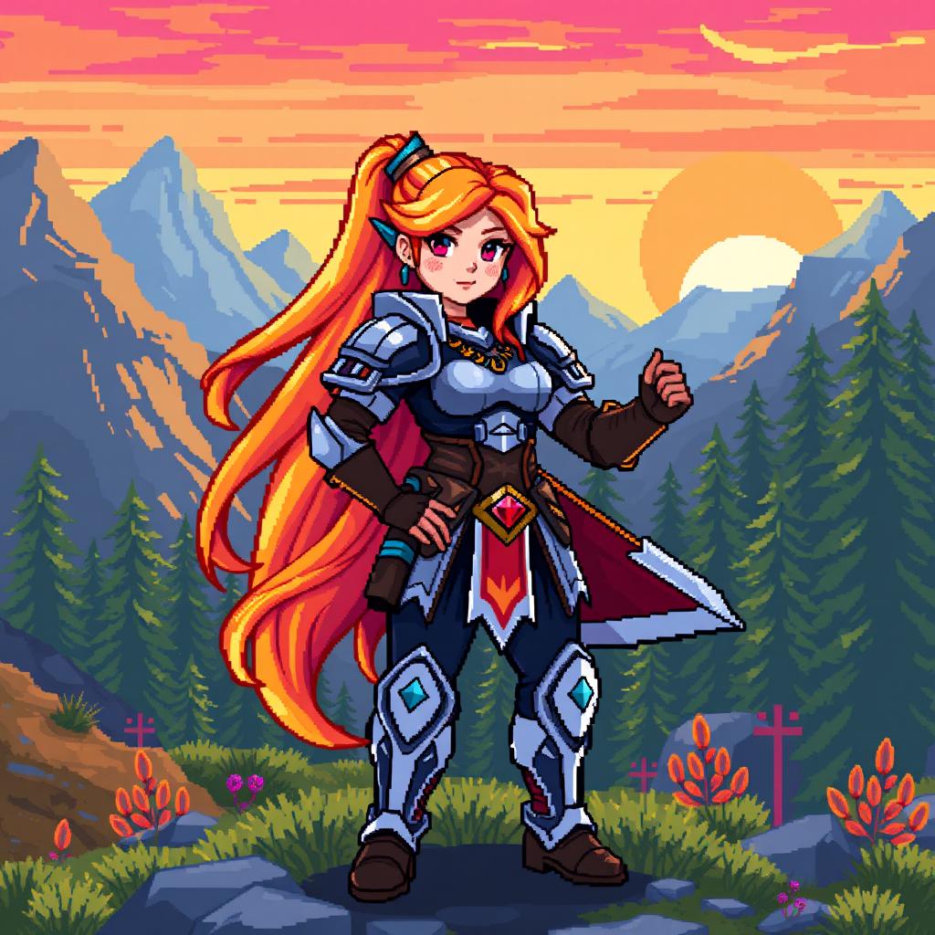 An 8-bit art style image of a female character designed for a retro video game