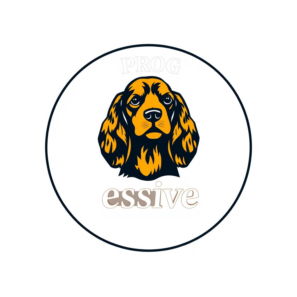 A circular emblem featuring a striking logo of a golden and black cocker spaniel head at the top, with the word 'PROG' elegantly positioned above it