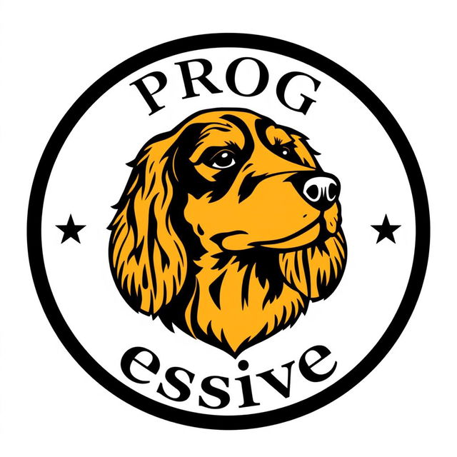 A circular emblem featuring a striking logo of a golden and black cocker spaniel head at the top, with the word 'PROG' elegantly positioned above it