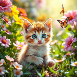 A cute short-haired kitten with big, expressive eyes and soft, fluffy fur, playfully sitting in a sunny garden surrounded by colorful flowers