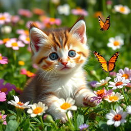A cute short-haired kitten with big, expressive eyes and soft, fluffy fur, playfully sitting in a sunny garden surrounded by colorful flowers