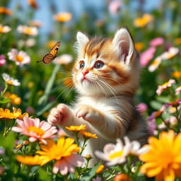 A cute short-haired kitten with big, expressive eyes and soft, fluffy fur, playfully sitting in a sunny garden surrounded by colorful flowers