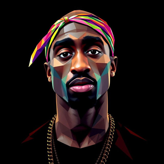 A full-body portrait of a Hip-Hop icon inspired by Tupac Shakur, crafted in a striking polygon art style that highlights colorful geometric patterns