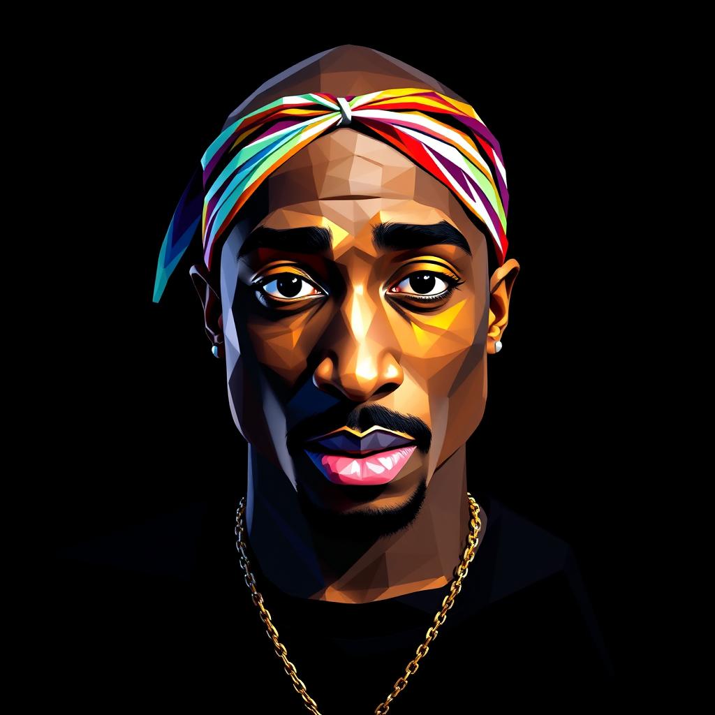 A full-body portrait of a Hip-Hop icon inspired by Tupac Shakur, crafted in a striking polygon art style that highlights colorful geometric patterns