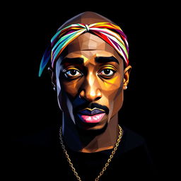 A full-body portrait of a Hip-Hop icon inspired by Tupac Shakur, crafted in a striking polygon art style that highlights colorful geometric patterns