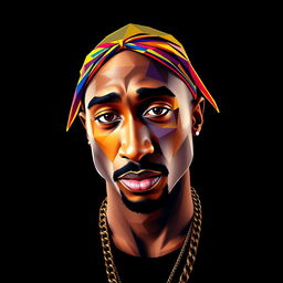 A full-body portrait of a Hip-Hop icon inspired by Tupac Shakur, crafted in a striking polygon art style that highlights colorful geometric patterns