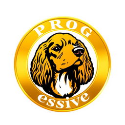 A golden circular emblem featuring a striking logo of a golden and black cocker spaniel head at the top