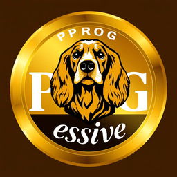 A golden circular emblem featuring a striking logo of a golden and black cocker spaniel head at the top