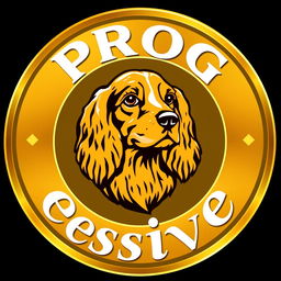 A golden circular emblem featuring a striking logo of a golden and black cocker spaniel head at the top