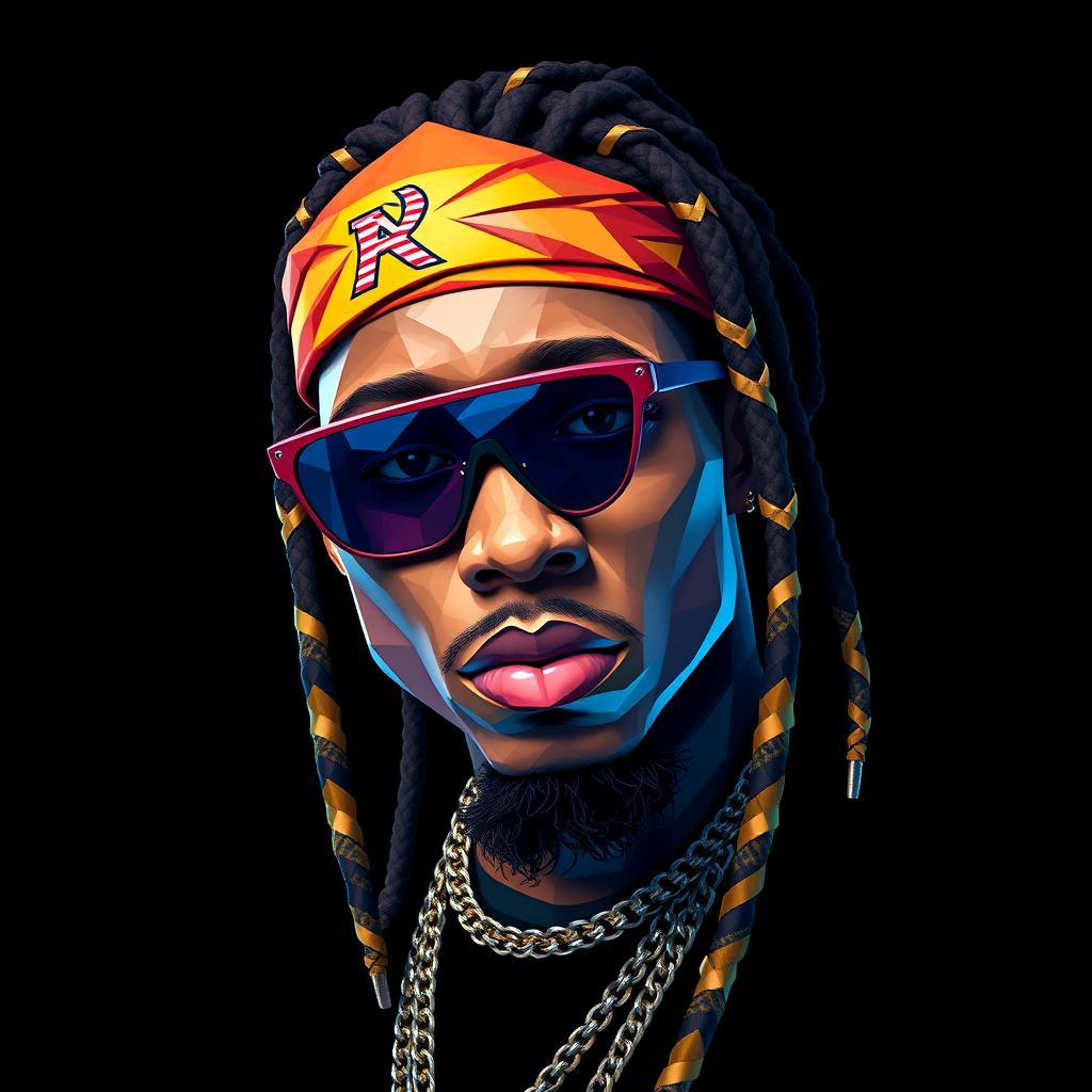 A full-body portrait of a Hip-Hop icon inspired by Lil Wayne, depicted in a captivating polygon art style