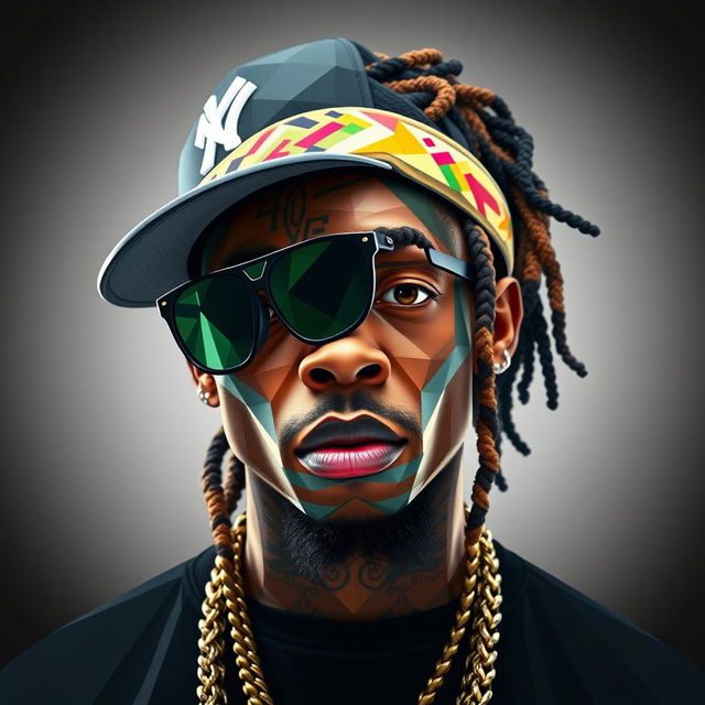 A full-body portrait of a Hip-Hop icon inspired by Lil Wayne, depicted in a captivating polygon art style