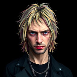 A full-body portrait of a punk rock icon inspired by Kurt Cobain, represented in a striking polygon art style