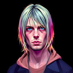 A full-body portrait of a punk rock icon inspired by Kurt Cobain, represented in a striking polygon art style