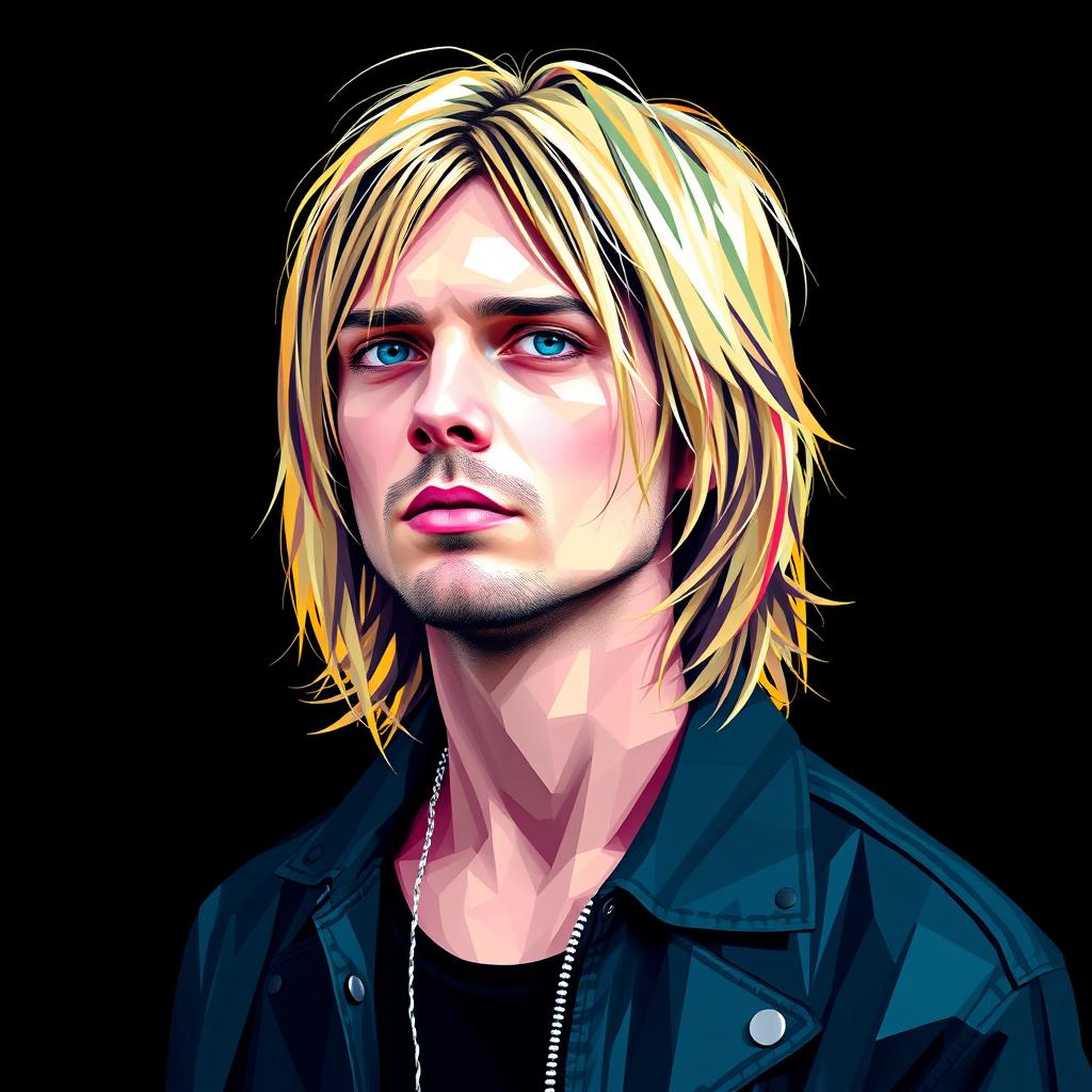 A full-body portrait of a punk rock icon inspired by Kurt Cobain, represented in a striking polygon art style