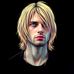 A full-body portrait of a punk rock icon inspired by Kurt Cobain, represented in a striking polygon art style