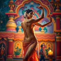 A Bollywood-inspired artistic portrayal of a nude figure, emphasizing the elegance and grace of classical Indian dance movements