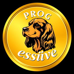 A golden circular emblem featuring a detailed logo of a golden and black cocker spaniel head at the top
