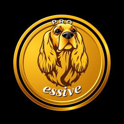 A golden circular emblem featuring a detailed logo of a golden and black cocker spaniel head at the top