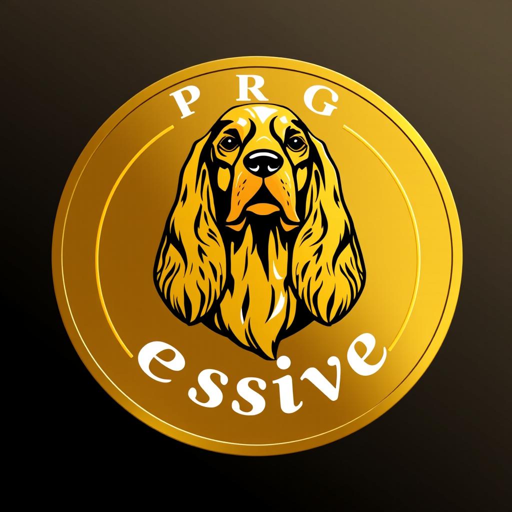 A golden circular emblem featuring a detailed logo of a golden and black cocker spaniel head at the top