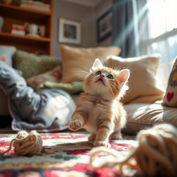 A playful and curious kitten exploring a cozy living room filled with soft pillows, a colorful rug, and sunbeams streaming through a window