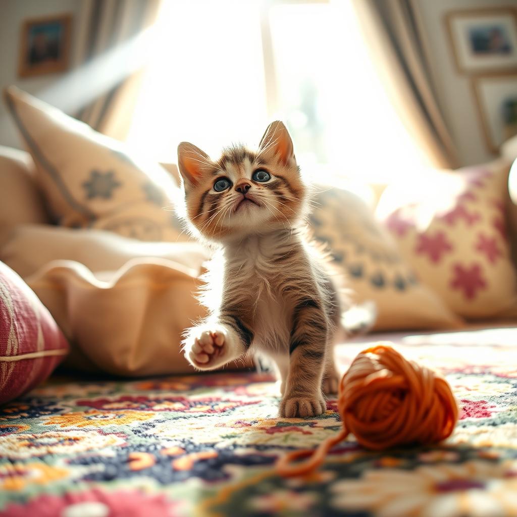 A playful and curious kitten exploring a cozy living room filled with soft pillows, a colorful rug, and sunbeams streaming through a window