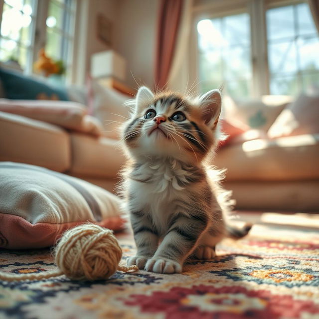 A playful and curious kitten exploring a cozy living room filled with soft pillows, a colorful rug, and sunbeams streaming through a window