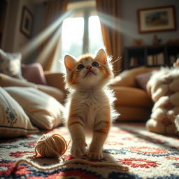 A playful and curious kitten exploring a cozy living room filled with soft pillows, a colorful rug, and sunbeams streaming through a window