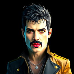 A full-body portrait of a punk rock icon inspired by Freddie Mercury, tailored for Queen fans, depicted in a mesmerizing polygon art style