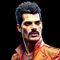 A full-body portrait of a punk rock icon inspired by Freddie Mercury, tailored for Queen fans, depicted in a mesmerizing polygon art style