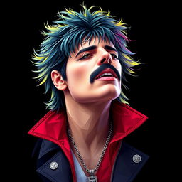 A full-body portrait of a punk rock icon inspired by Freddie Mercury, tailored for Queen fans, depicted in a mesmerizing polygon art style