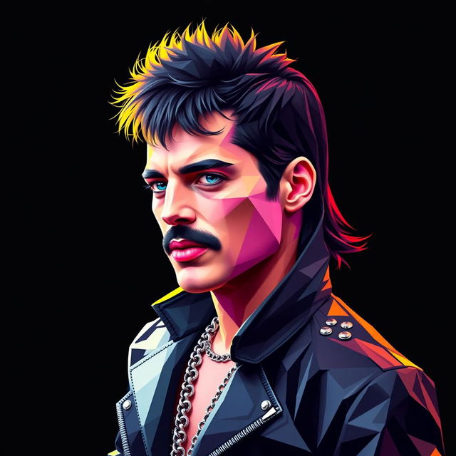 A full-body portrait of a punk rock icon inspired by Freddie Mercury, tailored for Queen fans, depicted in a mesmerizing polygon art style