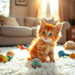 A delightful red-haired kitten sitting playfully on a fluffy, white carpet in a sunlit living room, surrounded by colorful toys
