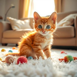 A delightful red-haired kitten sitting playfully on a fluffy, white carpet in a sunlit living room, surrounded by colorful toys