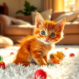 A delightful red-haired kitten sitting playfully on a fluffy, white carpet in a sunlit living room, surrounded by colorful toys