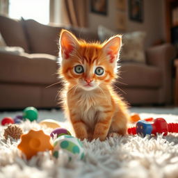 A delightful red-haired kitten sitting playfully on a fluffy, white carpet in a sunlit living room, surrounded by colorful toys