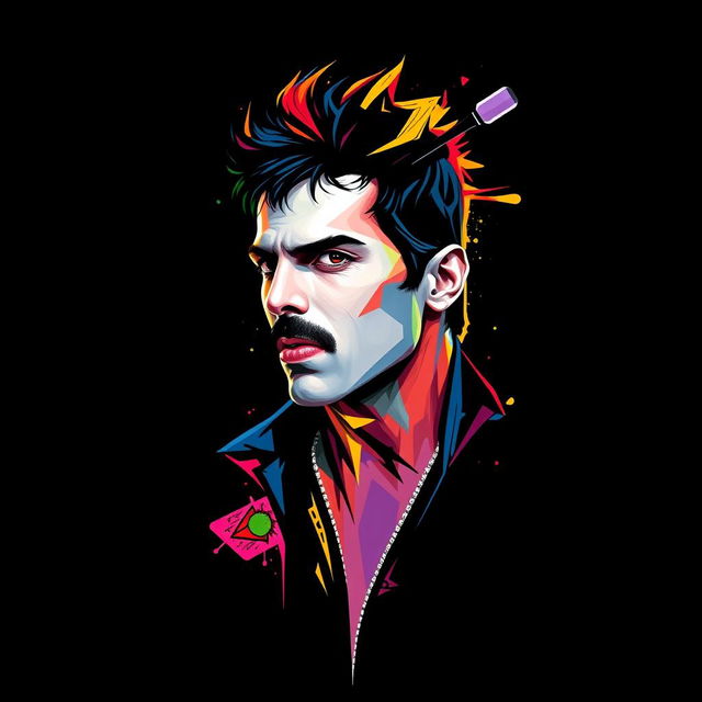 A full-body portrait of a punk rock icon inspired by Freddie Mercury, designed for Queen fans, portrayed in a stunning abstract art style