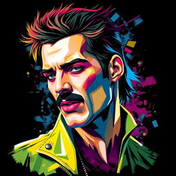 A full-body portrait of a punk rock icon inspired by Freddie Mercury, designed for Queen fans, portrayed in a stunning abstract art style